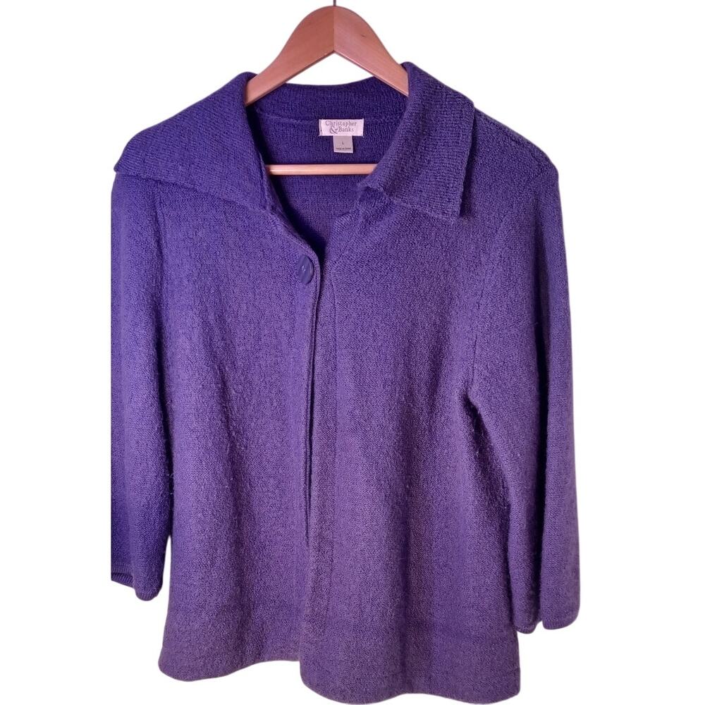 VTG Christopher & Banks Women's Purple Boiled Wool 3/4 Sleeve Cardigan Jacket